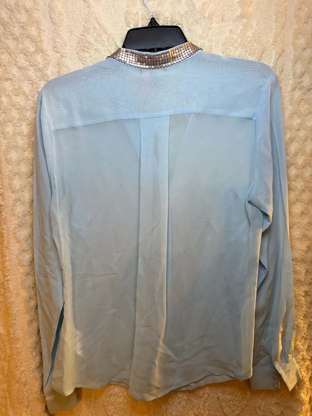 bebe Light Blue Long Sleeve Button-Down Blouse with Metallic Stud Collar Size Me